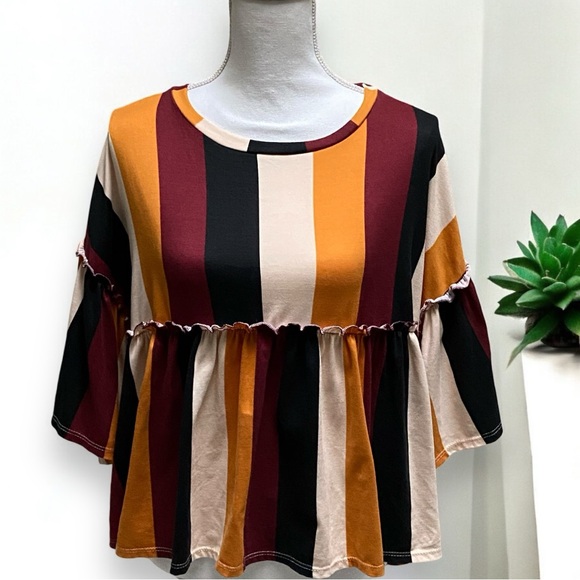 Women’s Vine & Love Vertical Stripe Flair Sleeve Oversized‎ Babydoll Top - Picture 6 of 9